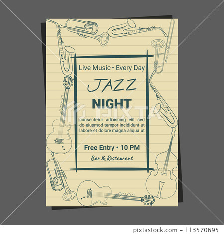 Instruments hand drawn music retro promo page flyer poster for events club pub bar template design. 113570695