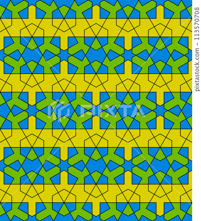 Seamless arabic geometric ornament in blue and yellow colors. 113570708