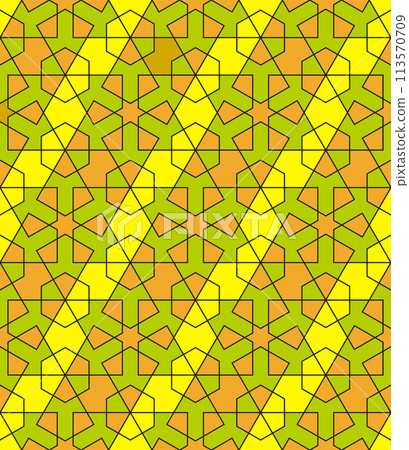 Seamless arabic geometric ornament in green orange and yellow colors. Seamless arabic geometric ornament in green orange and yellow colors. 113570709