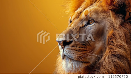 Close Up of a Lion on Yellow Background 113570750