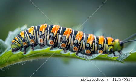 Caterpillar Feeding on Leaf Close-up 113570834