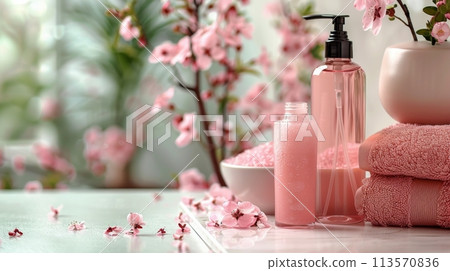 Bathroom With Pink Towels and Pink Flowers 113570836