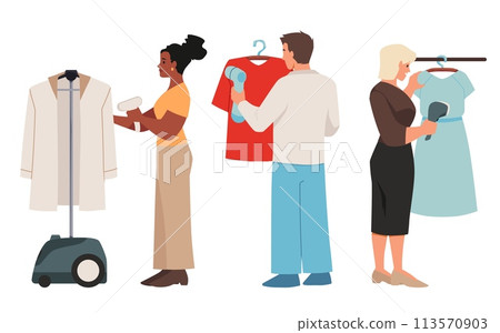 People who care about wardrobe with steamer, flat vector illustration isolated. 113570903