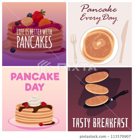 Set of squared banners with pancakes flat style, vector illustration 113570907
