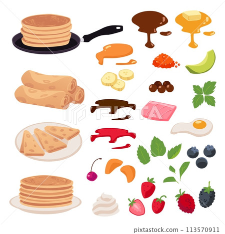 Stack of pancakes, different jam and topping, whipped cream, fruit and berries single elements for decoration vector set 113570911