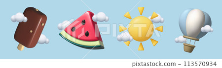 Summer food and travel icons set with clouds 3d render hot air balloon sun watermelon ice cream 113570934