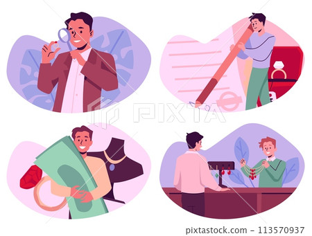 People in pawnshop, set of cartoon style vector illustration on white People in pawnshop, set of cartoon style vector illustration on white 113570937