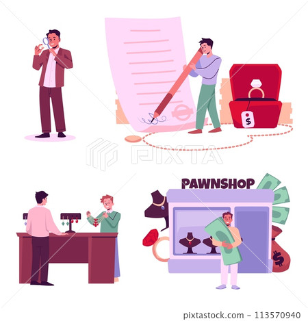 Values and jewelry sale in pawnshop set banners vector illustration isolated. 113570940