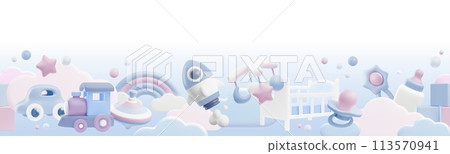 Baby shower 3d vector seamless border, cartoon newborn care accessories and entertainment cute render toys on blue cloud Baby shower 3d vector seamless border, cartoon newborn care accessories and entertainment cute render toys on blue cloud 113570941