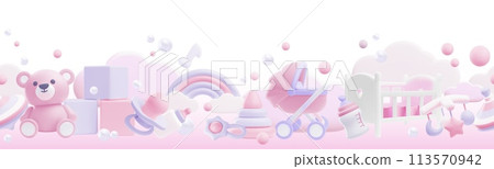 Pink collection of children's toys. 3D vector illustration. 113570942