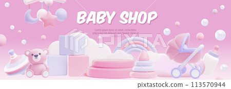Vector pink toys for girls; ideal for cards. 3D illustration. 113570944