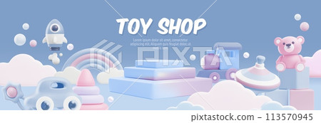 Vector banner of a toy store with a set of 3D toys. 113570945