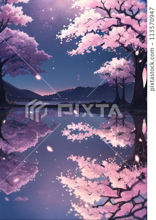 夜晚的櫻花倒映在水面上 113570947