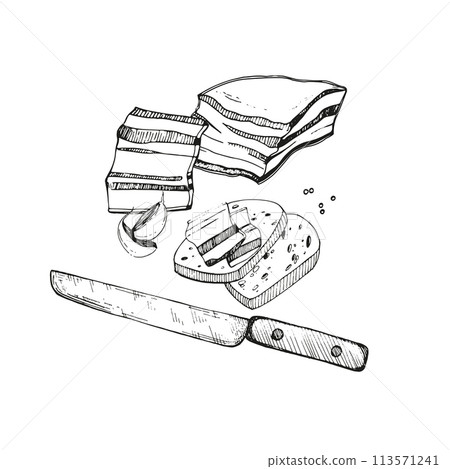 Illustration. Vector composition. Lard, a piece of lard with bread, cloves of garlic, peppercorns, a meat knife. All objects are drawn in vector in black. For printing on paper, menus, recipes. 113571241