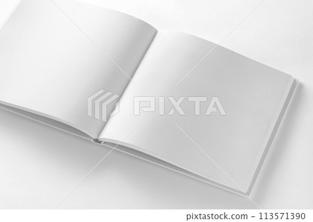 Mockup of opened blank square book at white design paper background. 113571390