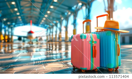 Colorful luggage at an airport terminal ready for travel. Bright suitcases on the go. Vacation and journey concepts. Modern transportation scene. AI Colorful luggage at an airport terminal ready for travel. Bright suitcases on the go. Vacation and journey concepts. Modern transportation scene. AI 113571404
