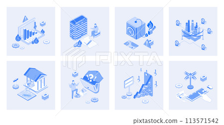 Unemployment and crisis 3d isometric concept set with isometric icons design for web. Collection of global economic recession with financial problems, job loss, employee fired. Vector illustration 113571542