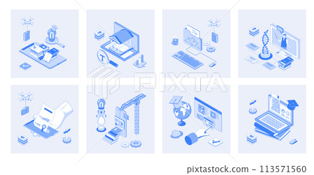 Online education 3d isometric concept set with isometric icons design for web. Collection of virtual library, reading books, e-learning platform, video lessons, science learning. Vector illustration 113571560