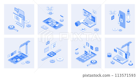 App development 3d isometric concept set with isometry icons design for web. Collection of mobile programming process, interface layout creation, coding, fixing bugs, optimization. Vector illustration 113571593