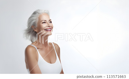 Happy cheerful positive old woman smiling. Stylish mature middle aged model with grey hair. White background. Close up portrait. Healthy face skin care beauty, middle age skincare cosmetics concept 113571663