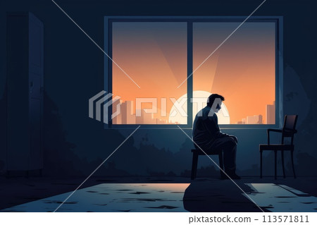 sad lonely man sit in empty room illustration 113571811