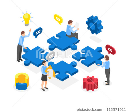 Isometric teamwork business composition illustration with people constructing a big puzzle 113571911