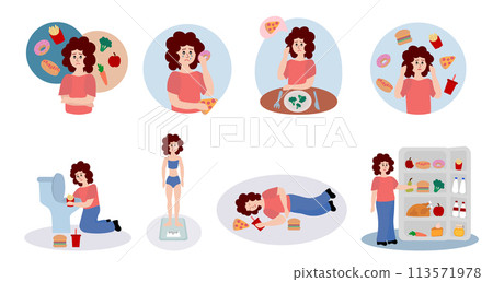 Eating disorder. Sad woman worries about being overweight. Overeating, bulimia, anorexia. Food addiction concept. Rejection of yourself. Set of vector illustrations in flat cartoon style. Eating disorder. Sad woman worries about being overweight. Overeating, bulimia, anorexia. Food addiction concept. Rejection of yourself. Set of vector illustrations in flat cartoon style. 113571978