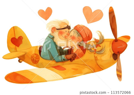 Elderly couple sharing a tender kiss on a classic airplane Elderly couple sharing a tender kiss on a classic airplane 113572066