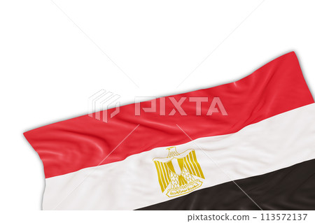 Realistic Egypt flag with folds, isolated on white background. Footer, corner design element. Perfect for patriotic themes or national event promotions. Empty, copy space. 3D render. 113572137
