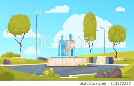 Cartoon park illustration background with natural elements and a fountain 113572227