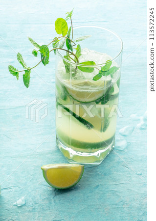 Mojito cocktail. Summer cold drink with lime, fresh mint, and ice. Cool beverage Mojito cocktail. Summer cold drink with lime, fresh mint, and ice. Cool beverage 113572245
