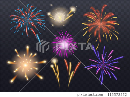 Realistic shiny colorful fireworks collection on transparent background 113572252