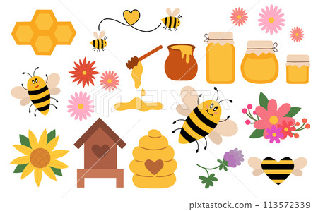 Honey flat Set elements, beekeeping industry. Jars and Pot, dipper spoon. Honeycombs, Hive. Funny bee. Flowers, Sunflower. Organic Eco farm fresh food and floral. Clip art vector. 113572339