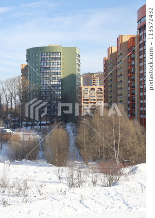 river on a sunny day. Trees and shrubs. Landscape of winter nature, river banks with bushes. river on a sunny day. Trees and shrubs. Landscape of winter nature, river banks with bushes. 113572432