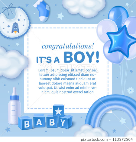 Realistic baby shower frame background template for boys with baby elements and rainbow 113572504