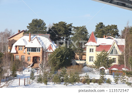 river on a sunny day. Trees and shrubs. Landscape of winter nature, river banks with bushes. 113572547