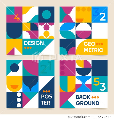 Flat abstract shapes square cards collection with colorful geometric shapes 113572548