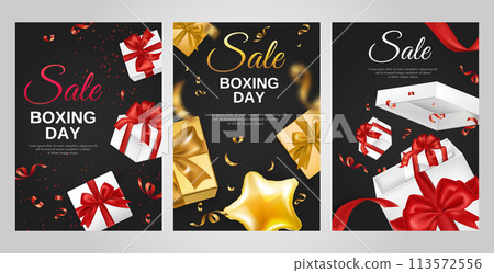 Realistic gift cards collection for boxing day sale with gift boxes with confetti on black 113572556