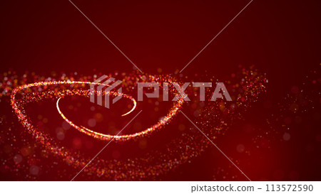 Horizontal New Year background. Gold vector lines. Red gradient background, vector shiny lines scatter in a circle. Modern abstraction. Graphics magic design. 113572590