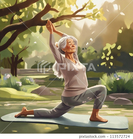 Elderly woman doing yoga in the park 113572724
