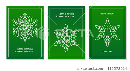 Merry Christmas and Happy New Year festive green minimalist posters set with snowflake and greeting text. Xmas, celebration concept. For poster, banner, flyer. Vector illustration. 113572914