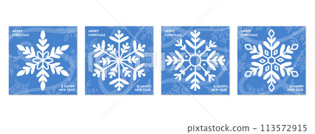 Set of Merry Christmas and Happy New Year festive blue square design with snowflake and greeting text. Xmas, celebration concept. For poster, banner, flyer, social media. Vector illustration. 113572915