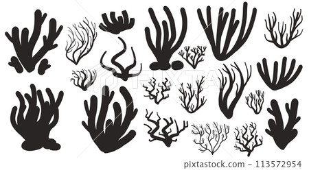 Coral reef black silhouette set isolated on white background. Sea underwater elements. Vector simple illustration 113572954