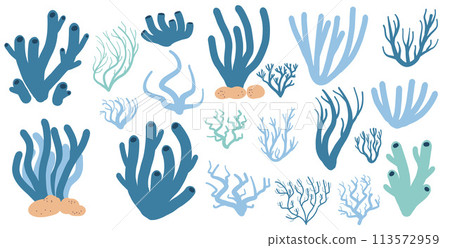 Coral reef set isolated on white background. Sea underwater elements. Vector flat illustration. Coral reef set isolated on white background. Sea underwater elements. Vector flat illustration. 113572959