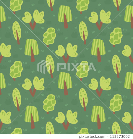Summer forest landscape seamless pattern. Trees childish doodle style endless background. Park repeat cover. Nature environment loop ornament. Vector hand drawn illustration. Summer forest landscape seamless pattern. Trees childish doodle style endless background. Park repeat cover. Nature environment loop ornament. Vector hand drawn illustration. 113573002