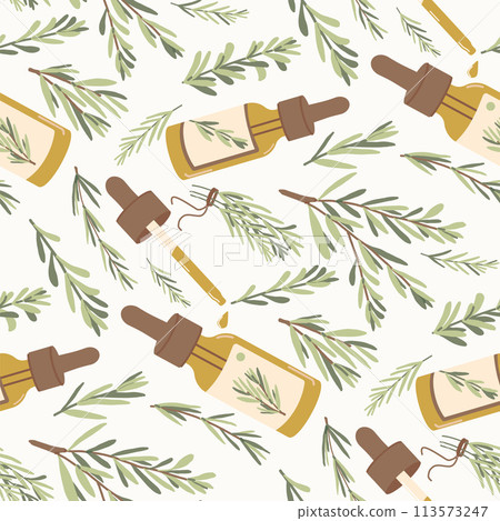 Rosemary essential oil seamless pattern. Amber glass dropper bottle of oil with fresh herb branch green leaves repeat background. Aromatherapy loop decoration. Vector hand drawn illustration. 113573247