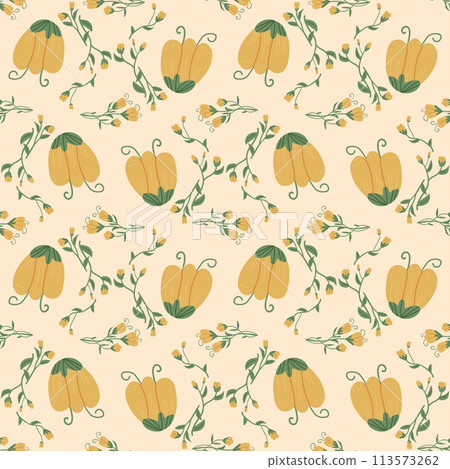 Yellow wildflowers with leaves seamless pattern. Crocus endless background. Flower and foliage loop tiled ornament Summer botanic repeat cover. Vector hand drawn illustration. Yellow wildflowers with leaves seamless pattern. Crocus endless background. Flower and foliage loop tiled ornament Summer botanic repeat cover. Vector hand drawn illustration. 113573262