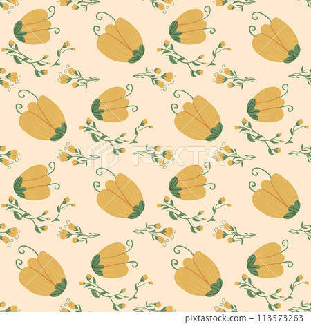Yellow flowers with leaves seamless pattern. Floral endless background. Vector hand drawn illustration. Yellow flowers with leaves seamless pattern. Floral endless background. Vector hand drawn illustration. 113573263