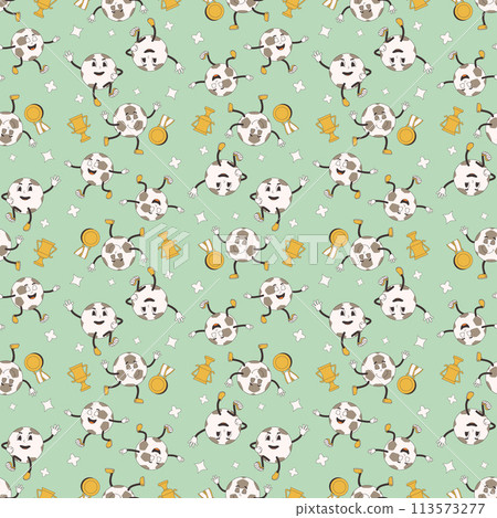 Soccer balls with cup and medal seamless pattern. Football retro cartoon endless background. Groovy mascot repeat cover. Sport championship loop ornament. Vector illustration. 113573277