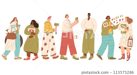 Blogger characters set. Modern young women and men with camera and laptops isolated on white background. Teenager creating content for vlog. Blog and social media influencer. Vector flat illustration. Blogger characters set. Modern young women and men with camera and laptops isolated on white background. Teenager creating content for vlog. Blog and social media influencer. Vector flat illustration. 113573286